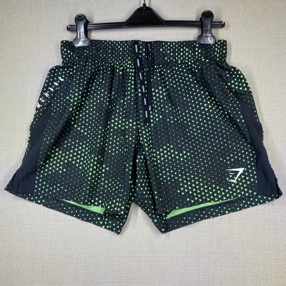 Gymshark Womens Unlined Black Green Geometric Triangle Athletic Gym Shorts Large